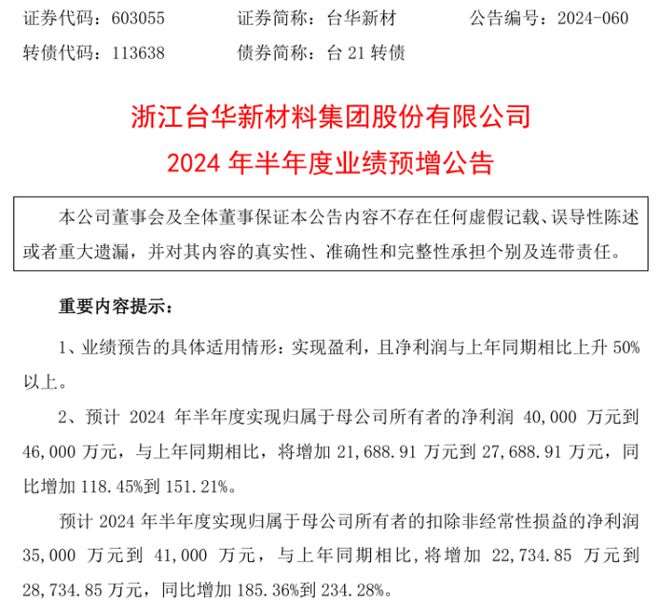 台华新材2024年上半年预计净利4亿-46亿同比增加118%-151%强化成本管控(图1)