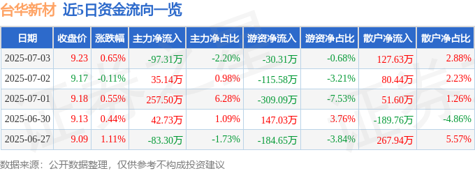股票行情快报：台华新材（603055）7月3日主力资金净卖出9731万元(图1)