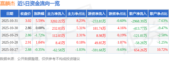 嘉麟杰（002486）10月31日主力资金净买入320222万元(图1)