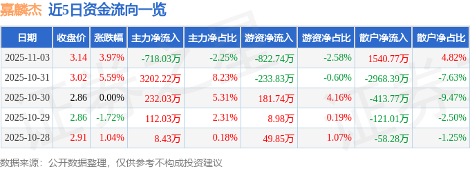 嘉麟杰（002486）11月3日主力资金净卖出71803万元(图1)